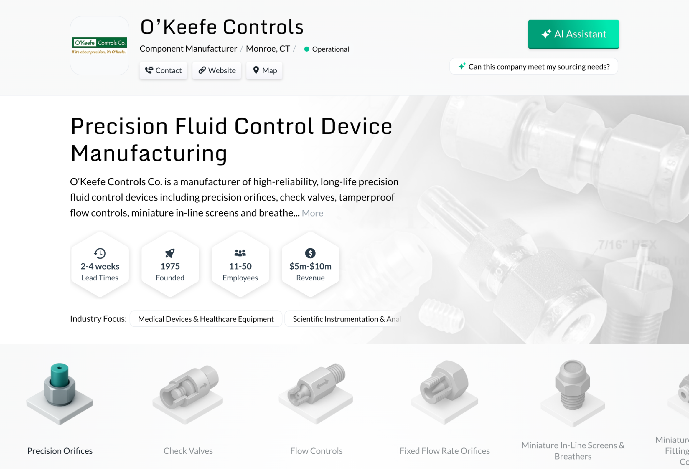 Screenshot of an MFR.ID manufacturer profile for O'Keefe Controls